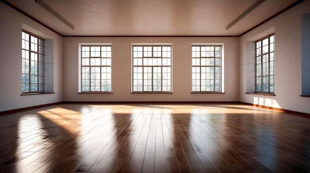 Chambre ensoleillée avec plancher de bois amélioré par l'intelligence artificielle générative