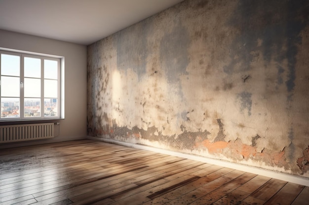 Chambre ensoleillée avec un plancher en bois et une grande fenêtre