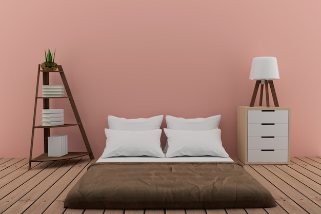 chambre avec étagère avec petite lampe et armoire en chambre rose en rendu 3d