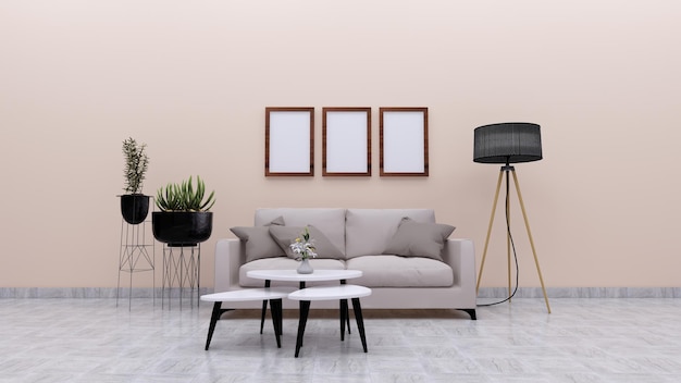 Chambre familiale confortable avec intérieur de couleur crème, cadre de maquette de rendu 3D