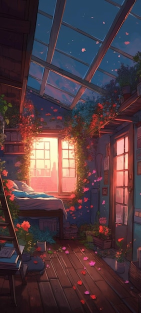 Une chambre avec une fenêtre et des fleurs dessus