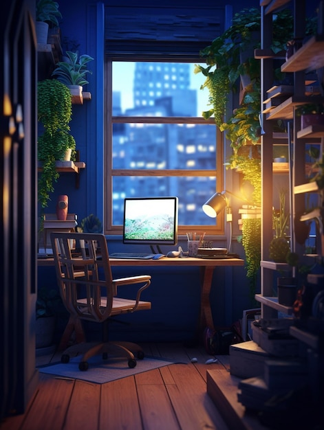 Une chambre avec une fenêtre et un ordinateur sur le bureau