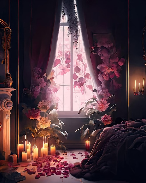 Une chambre avec une fenêtre qui a des fleurs dessus