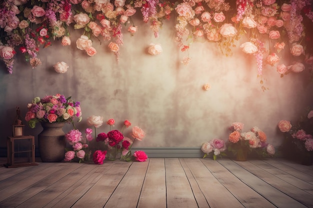 Une chambre avec des fleurs et un banc en bois