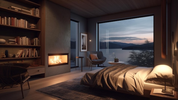 Une chambre avec foyer et vue sur le lac.