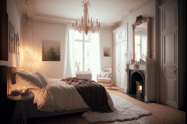 Chambre française atmosphérique avec un intérieur charmant et confortable dans la lumière du matin intime nostalgique élégant parisien Generative AI