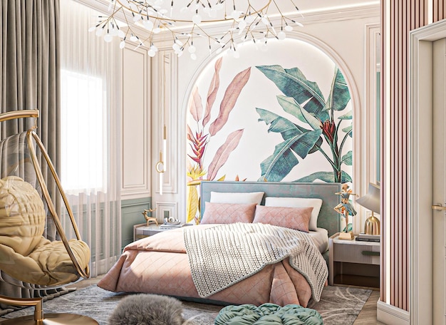 Une chambre avec une fresque murale qui dit "tropical" dessus