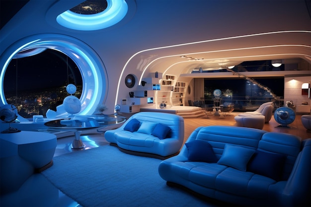 chambre futuriste bleue avec des gadgets high-tech et des meubles élégants