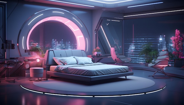 une chambre futuriste de l'ère spatiale avec un lit circulaire, un éclairage au néon et un mobilier futuriste