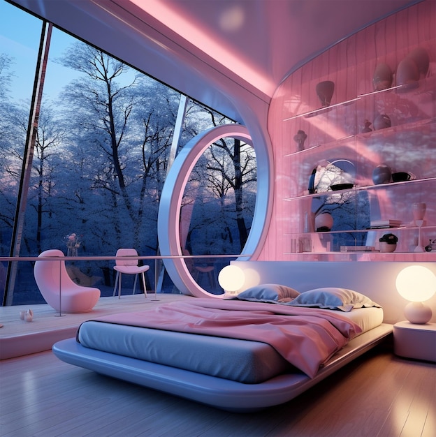 chambre futuriste avec fenêtres panoramiques sur les bois