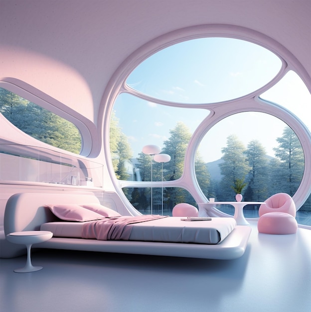 chambre futuriste avec fenêtres panoramiques sur les bois