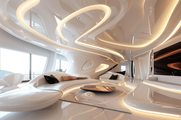 Une chambre futuriste avec un lit blanc.