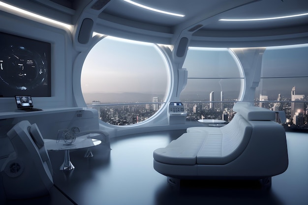 Une chambre futuriste avec un lit et une vue sur une ville générative ai