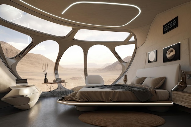 Chambre futuriste avec vue sur les étoiles et les planètes à l'extérieur de la fenêtre