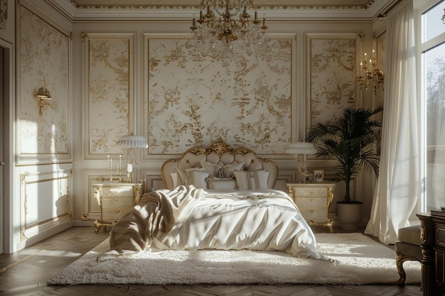 Une chambre glamour classique hollywoodienne avec un accent doré.