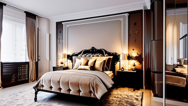 Photo une chambre glamour d'hollywood avec une tête de lit tuftée et des comptoirs de nuit en miroir