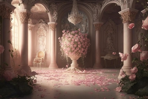 Une chambre avec un grand vase de fleurs et une femme assise par terre.