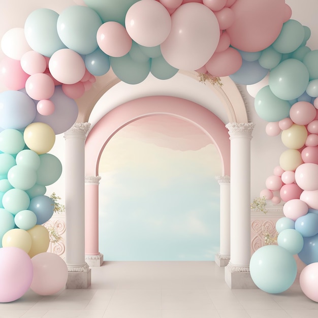 Une chambre avec une grande arche faite de ballons et un fond de ciel rose et bleu.