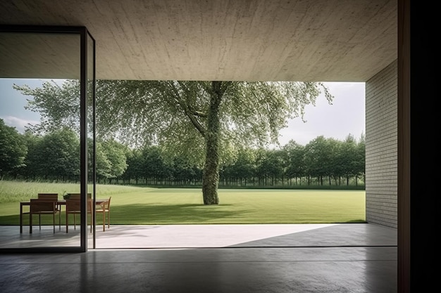 Une chambre avec une grande fenêtre et un arbre en arrière-plan.