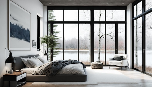 Une chambre avec une grande fenêtre et un lit avec une couverture dessus.