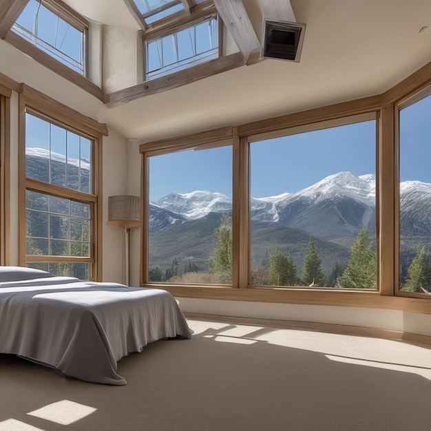 Chambre avec une grande fenêtre vue montagne