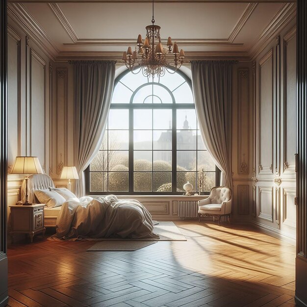 Photo chambre avec une grande lampe de fenêtre au milieu