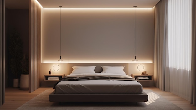 Une chambre avec une grande lumière led au dessus du lit.