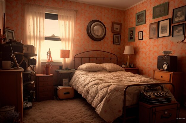 Une chambre avec une guitare et un lit avec une couverture dessus.