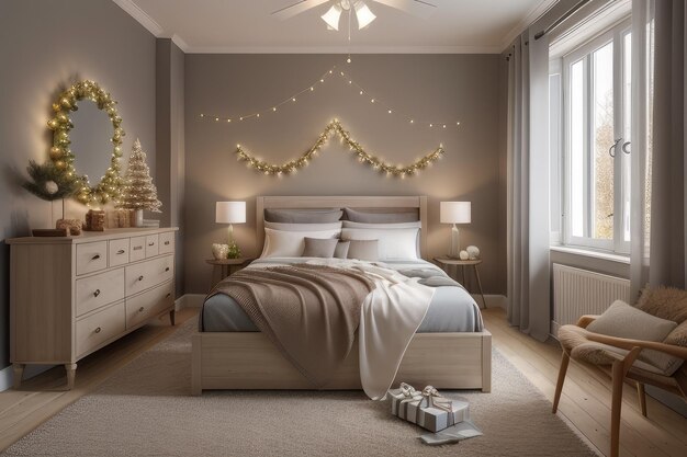 Photo chambre d'hiver confortable avec des décorations de noël