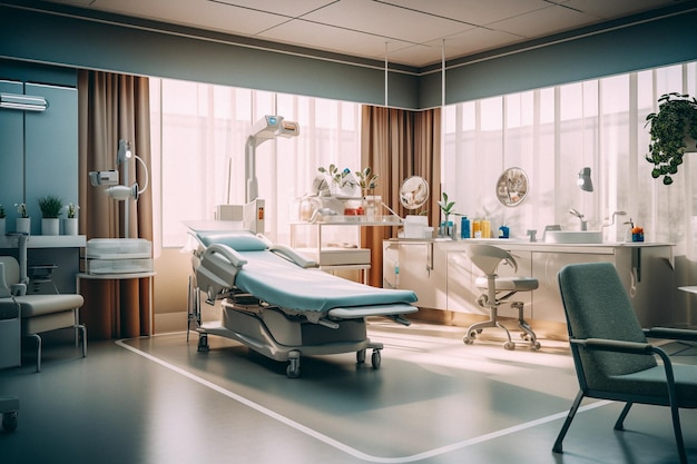 Photo une chambre d'hôpital avec une chaise et une table avec une lampe dessus.