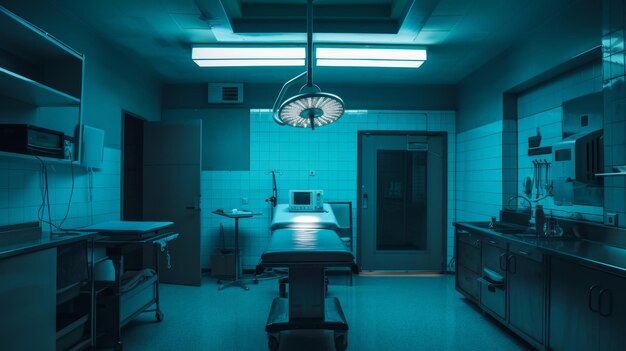 Une chambre d'hôpital éclairée par la lumière bleue.