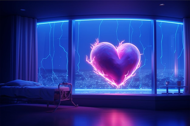 Une chambre d'hôpital avec une fenêtre en forme de coeur et une lumière bleue