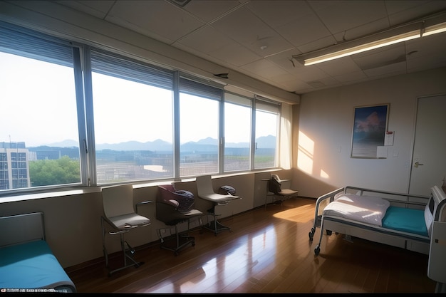 Une chambre d'hôpital avec un lit et une chaise dans le coin.