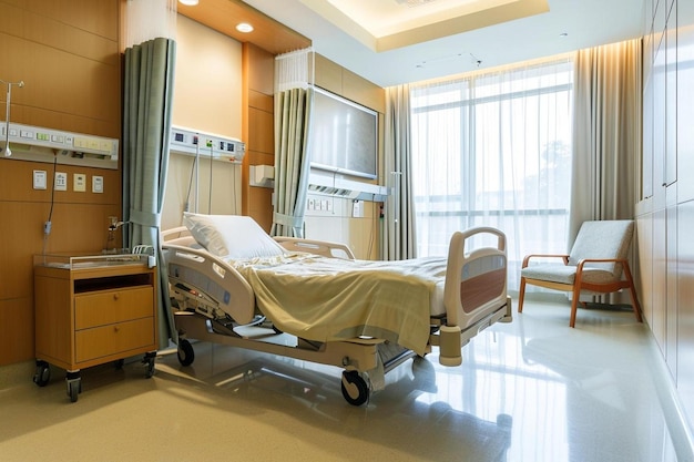 une chambre d'hôpital avec un lit et une chaise