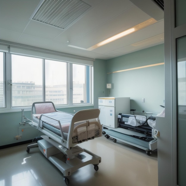 Une chambre d'hôpital avec un lit et une couverture au sol