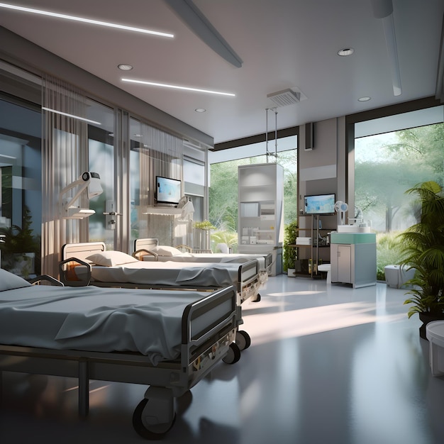 Une chambre d'hôpital avec un lit et une lampe au mur.