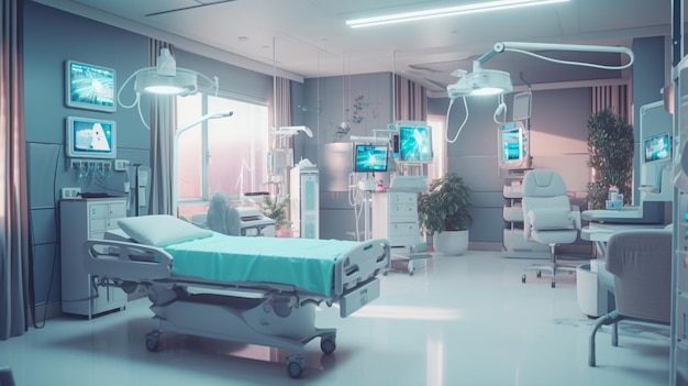 Une chambre d'hôpital avec un lit et une lampe au mur.
