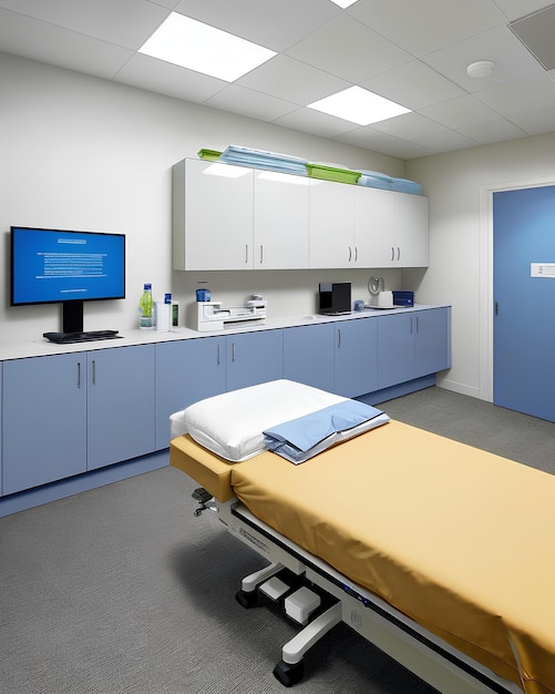 Une chambre d'hôpital avec un lit et un moniteur qui dit un dessus