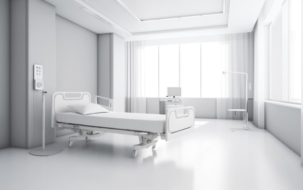Une chambre d'hôpital avec un lit et une table avec une lampe dessus.