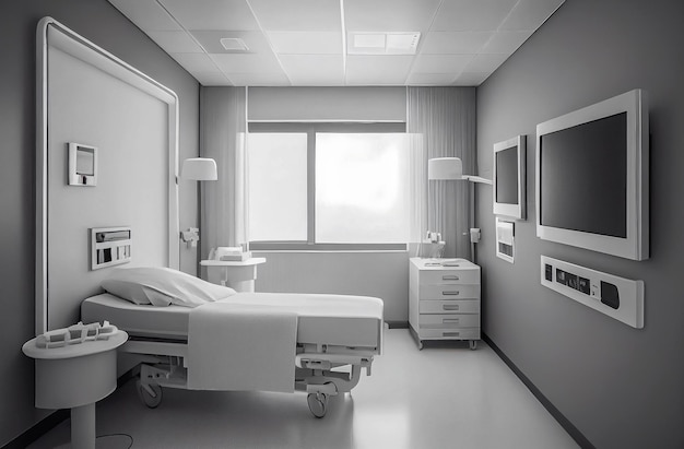 Une chambre d'hôpital avec un lit et des téléviseurs au mur