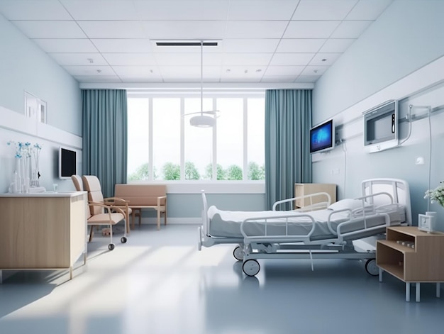 Une chambre d'hôpital avec un lit et une télévision au mur