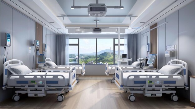 Photo une chambre d'hôpital avec des lits et une vue sur les montagnes