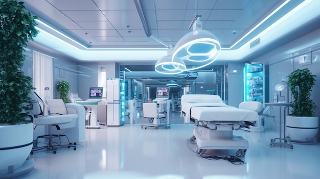 Une chambre d'hôpital avec une lumière bleue qui dit "hôpital" dessus