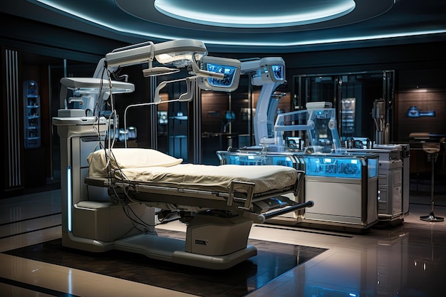 une chambre d'hôpital avec une machine d'opération au sol et deux chaises au milieu, celle du milieu est vide tandis que les autres sont vides