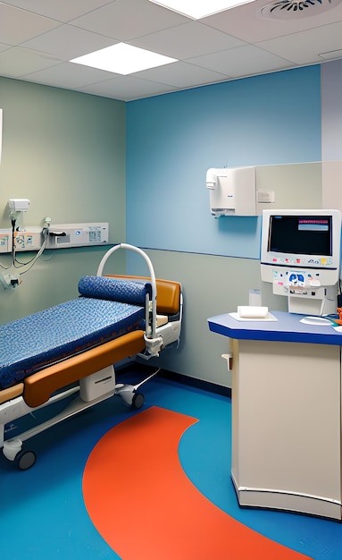 Une chambre d'hôpital avec un moniteur et une table avec une table bleue qui dit "un patient"