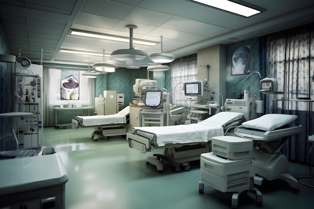 Une chambre d'hôpital avec une photo d'une femme sur le mur