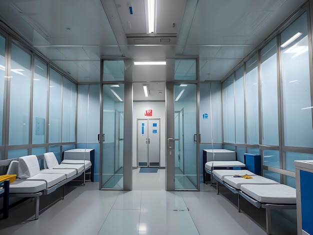 une chambre d'hôpital avec une rangée de lits