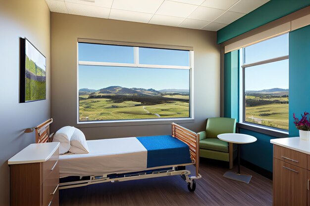 Chambre d'hôpital avec vue sur les collines et ciel bleu pour un cadre paisible