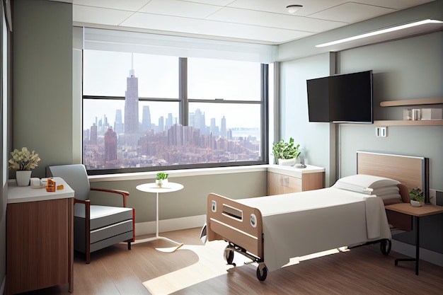 Chambre d'hôpital avec vue sur les toits de la ville au design épuré et moderne