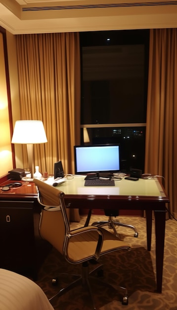 Une chambre d'hôtel avec un bureau, une chaise et une lampe.